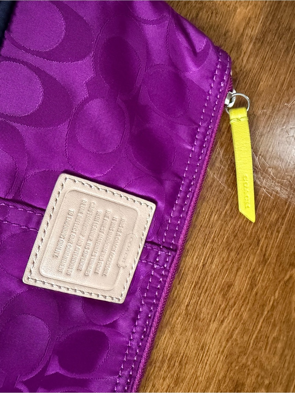 Coach Two-Tone Satin Logo Cosmetic Pouch in Purple, Navy & Neon Yellow - Picture 4 of 11